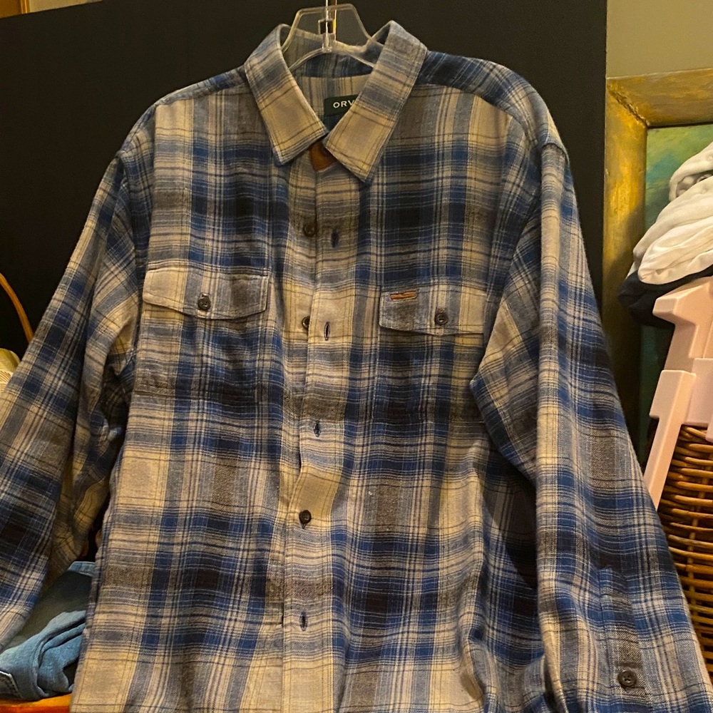 Orvis Flannel Blue Grey Plaid Flannel Lumberjack Work Wear Size Large